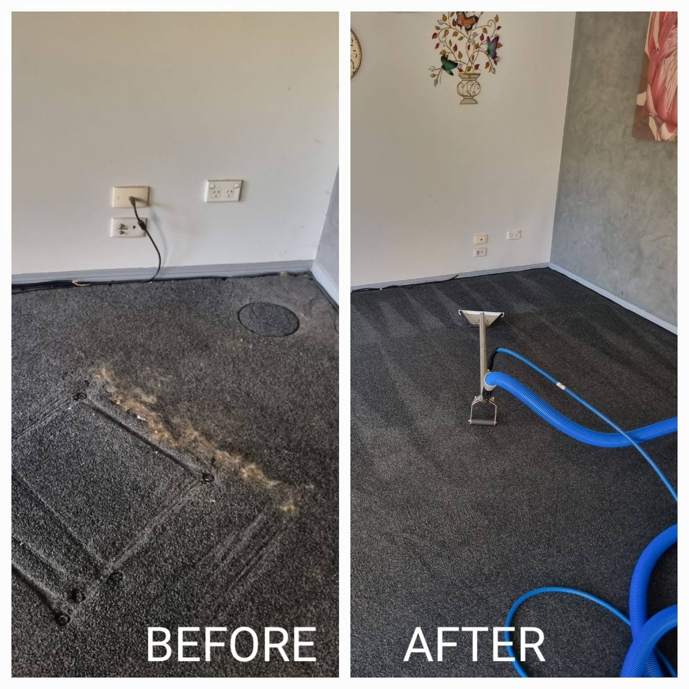 Before and after of a heavily soiled carpet professionally cleaned
