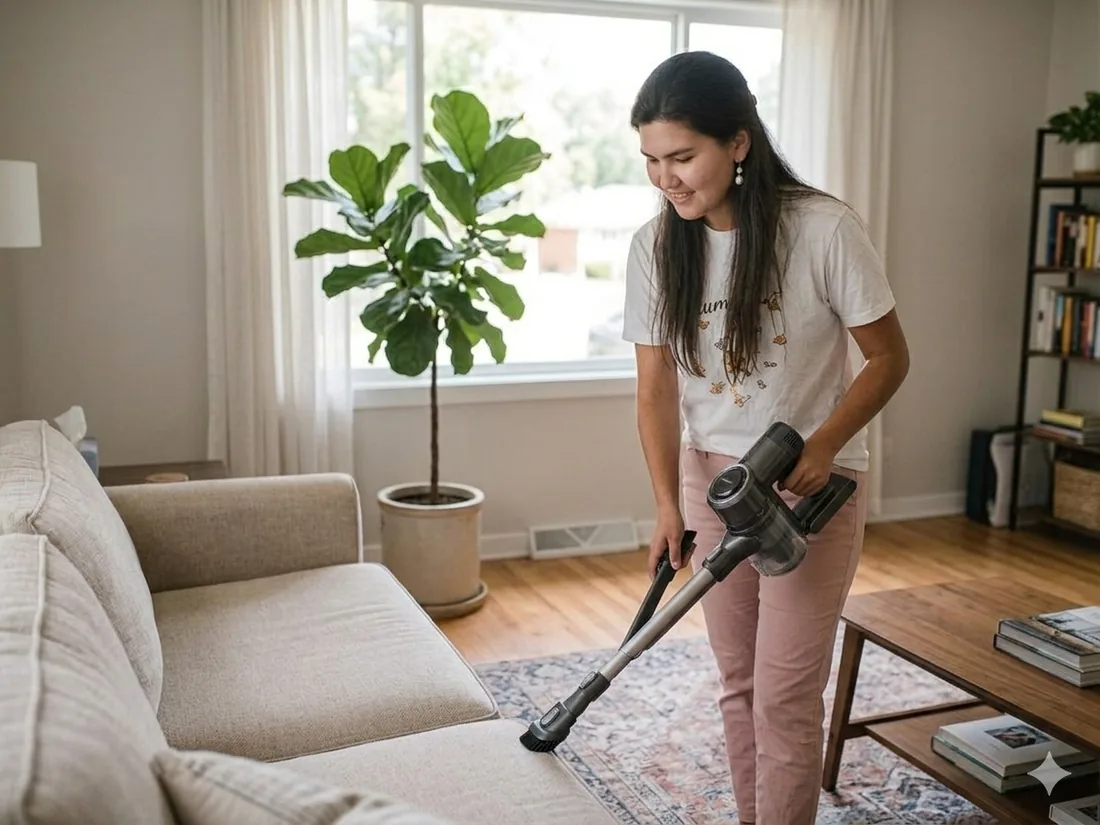 Vacuuming a bright living room during a regular home clean