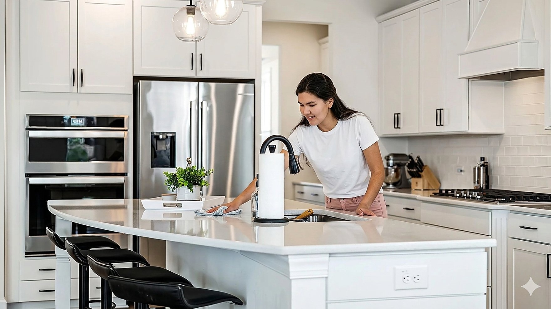 Bright, freshly cleaned open-plan living and kitchen with natural light
