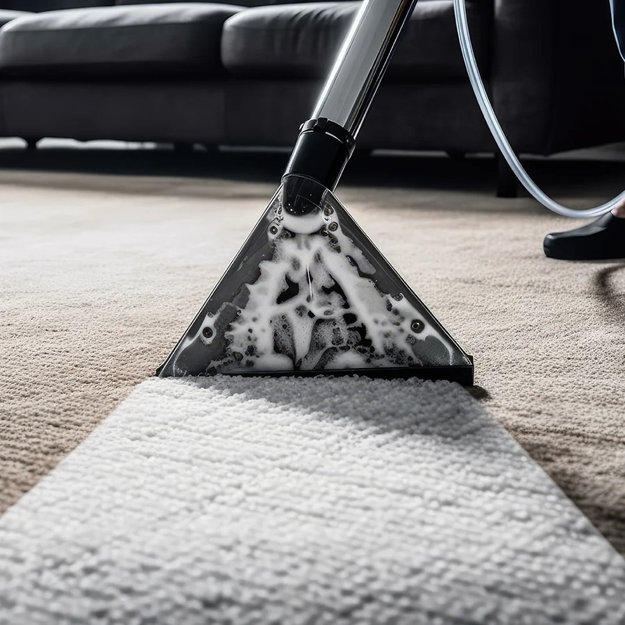Close-up of a carpet cleaning wand restoring a fresh, clean stripe across grey carpet