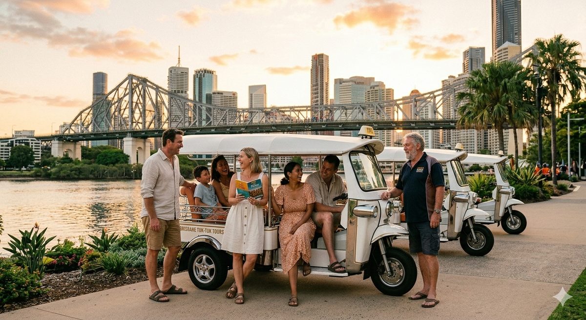 Sunset tuk tuk ride by the Story Bridge and Brisbane skyline