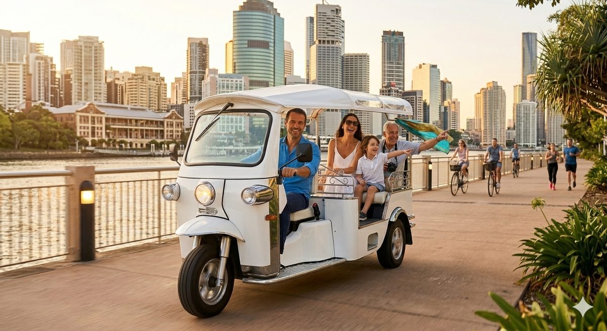 Private city tour gliding past the Brisbane skyline on the riverside
