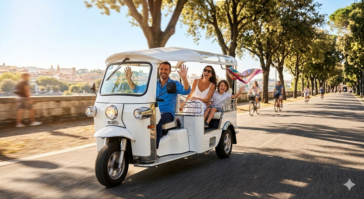 Family enjoying an electric tuk tuk ride through a Brisbane park