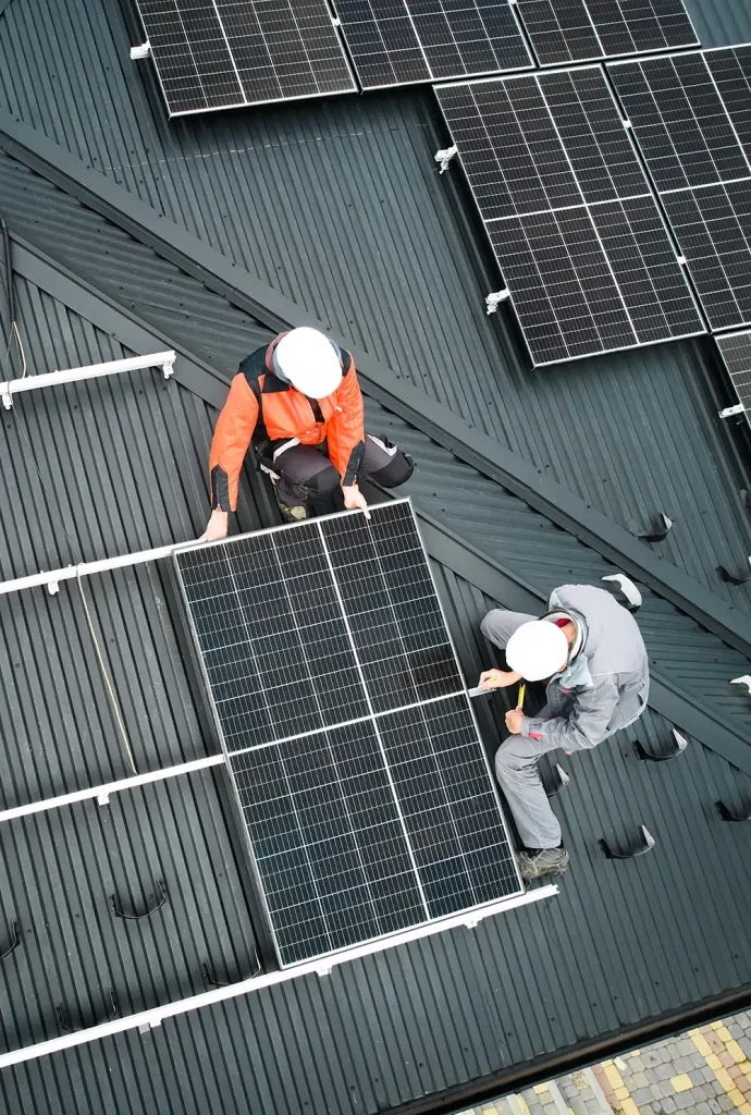 Solar installers working on a roof from the Vivid Electrical source site