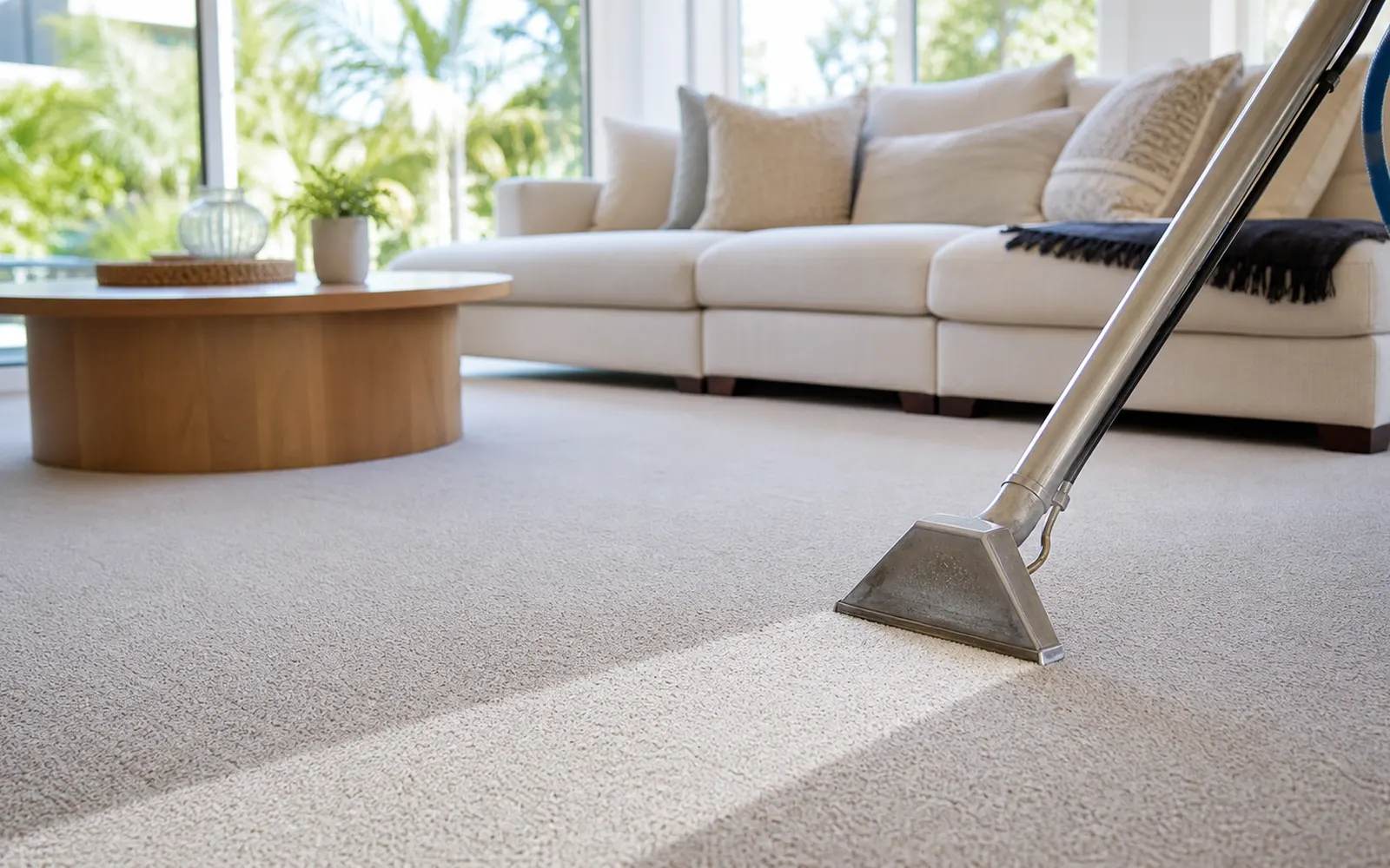 Professional carpet cleaning wand refreshing a light carpet